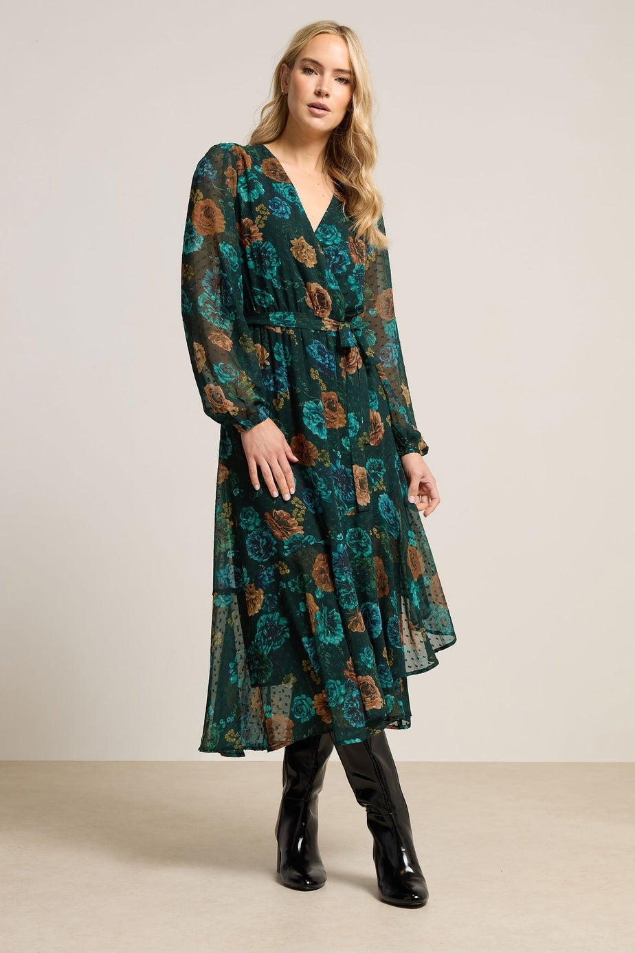 Long Tall Sally Dark Green Floral Chiffon Dobby Dress