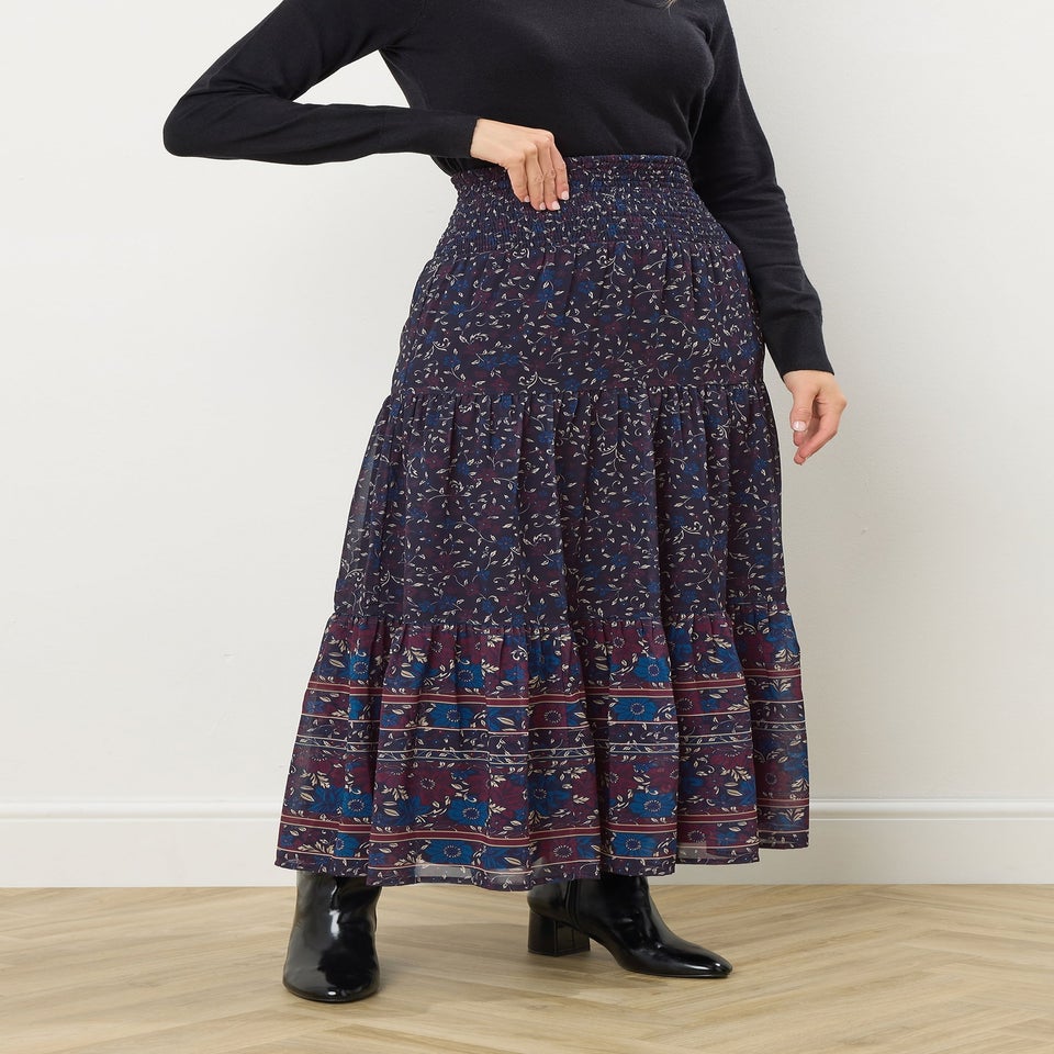 Long Tall Sally Navy Blue Floral Border Tiered Maxi Skirt