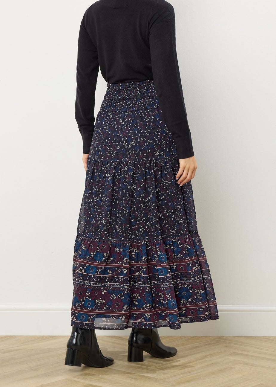 Long Tall Sally Navy Blue Floral Border Tiered Maxi Skirt