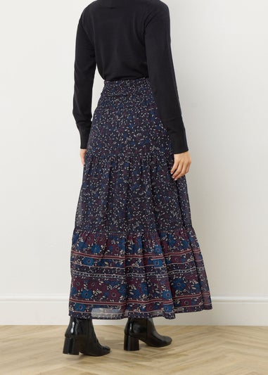 Long Tall Sally Navy Blue Floral Border Tiered Maxi Skirt