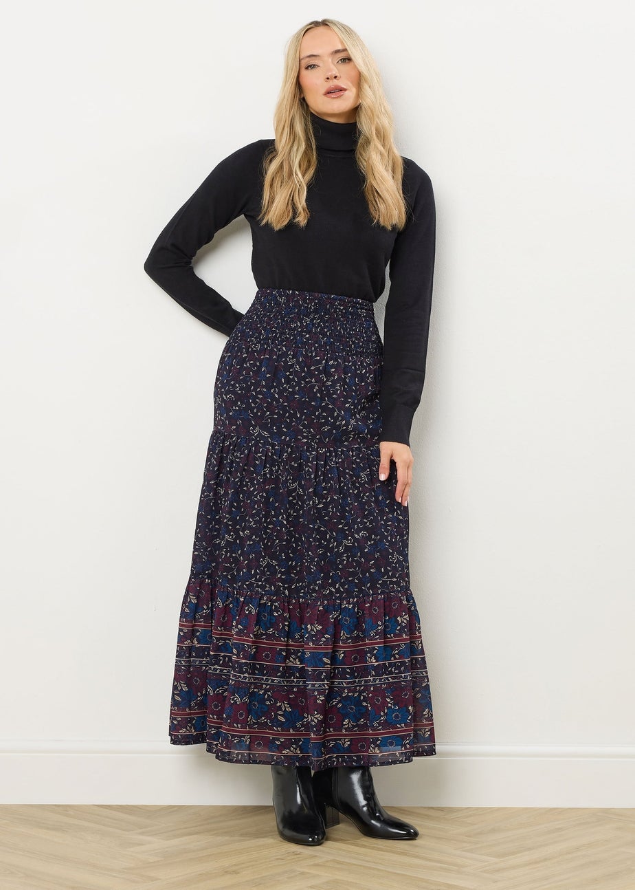 Long Tall Sally Navy Blue Floral Border Tiered Maxi Skirt