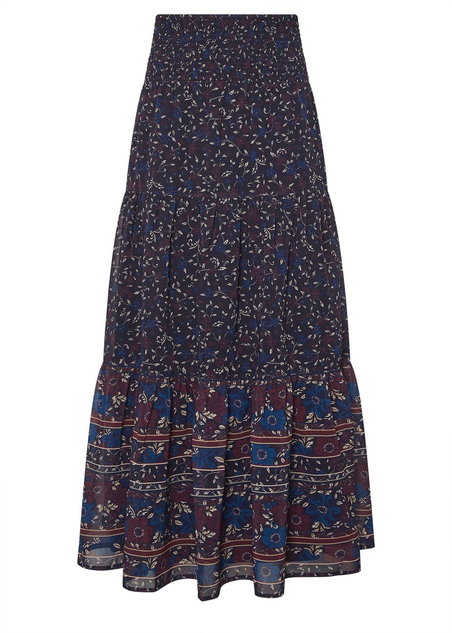 Long Tall Sally Navy Blue Floral Border Tiered Maxi Skirt
