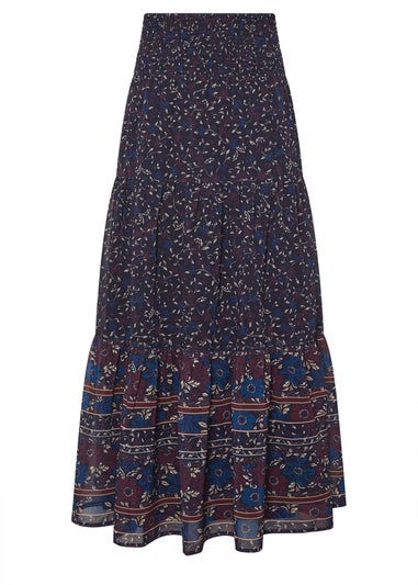 Long Tall Sally Navy Blue Floral Border Tiered Maxi Skirt