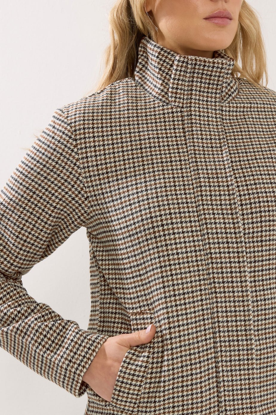 Long Tall Sally Brown Check Funnel Neck Coat