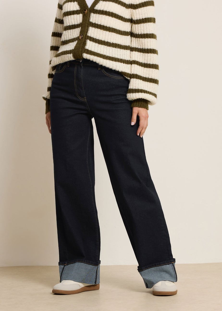 Long Tall Sally Dark Blue Turn Up Wide Leg Jeans
