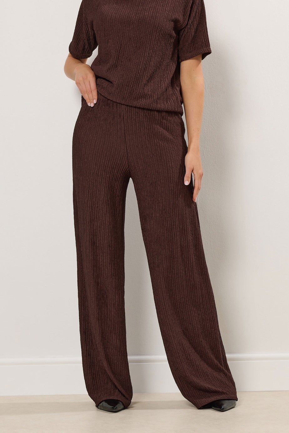 Long Tall Sally Brown Textured Elasticated Waist Trousers