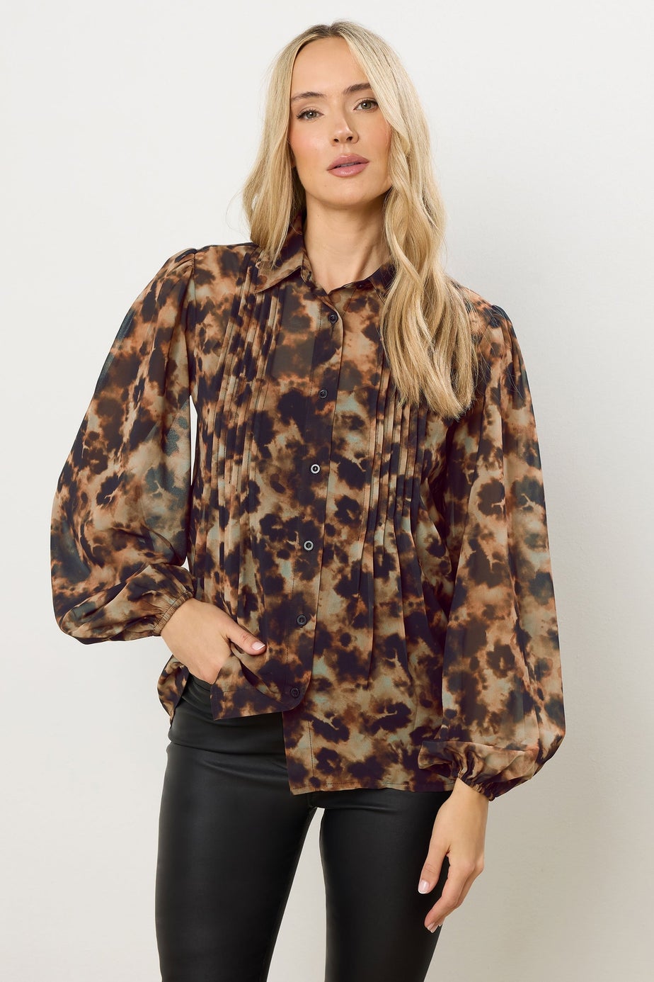 Long Tall Sally Brown Marble Sheer Pintuck Blouse