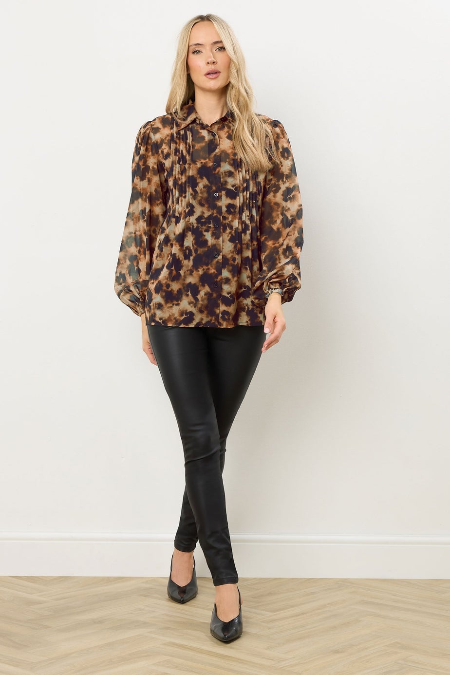 Long Tall Sally Brown Marble Sheer Pintuck Blouse