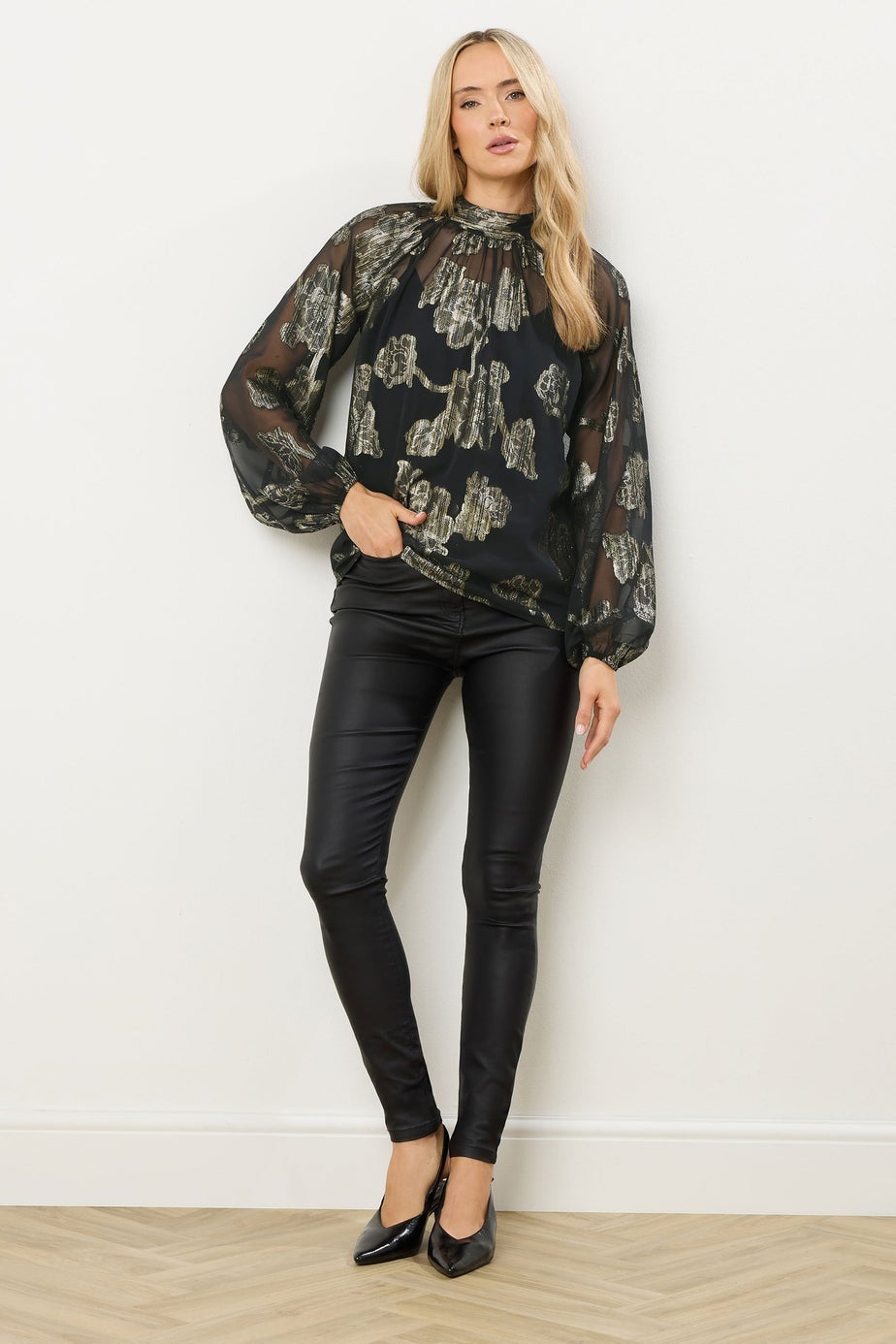 Long Tall Sally Black Floral Jacquard High Neck Blouse