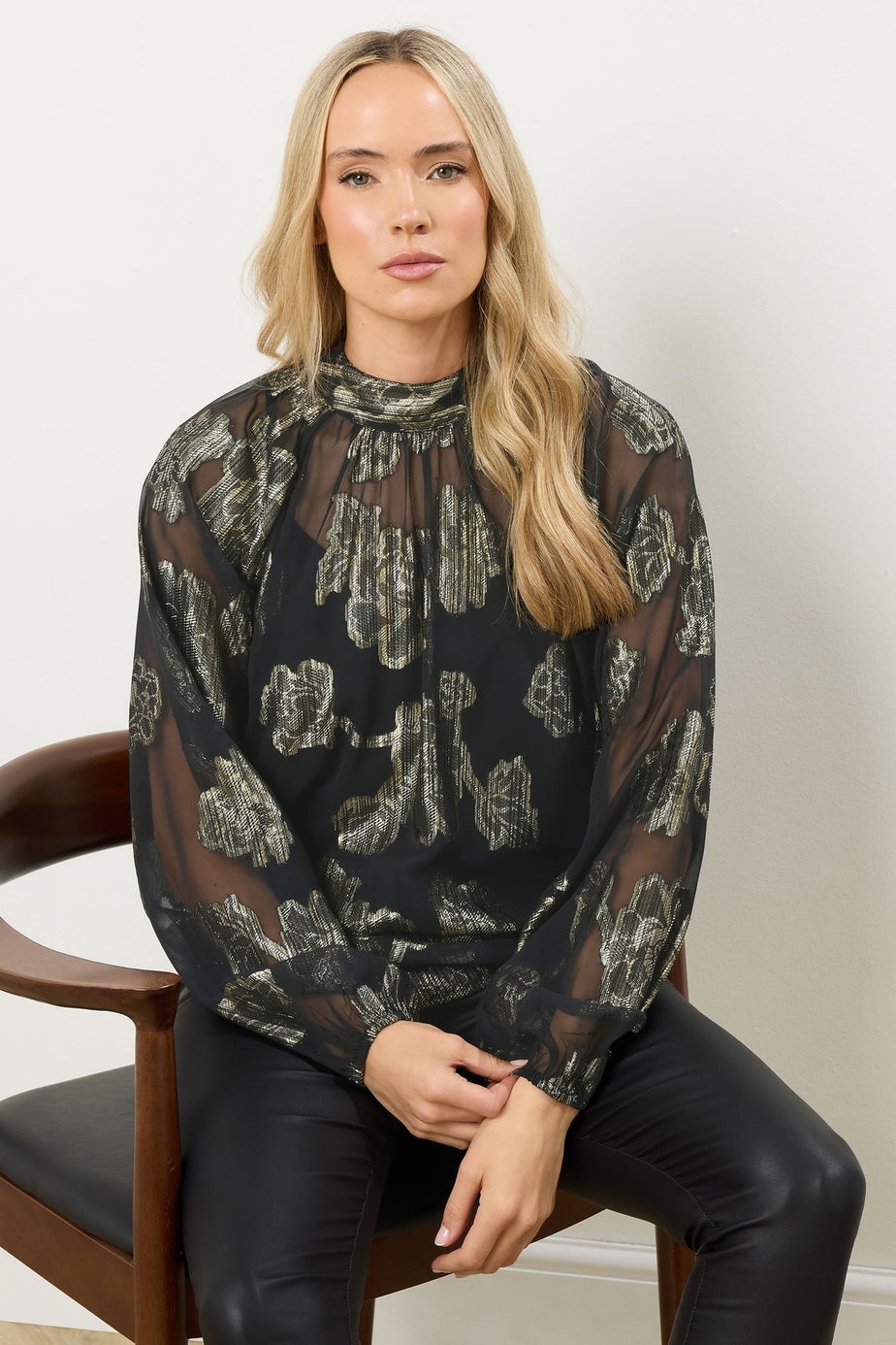 Long Tall Sally Black Floral Jacquard High Neck Blouse