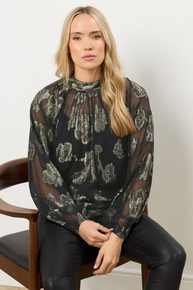 Long Tall Sally Black Floral Jacquard High Neck Blouse