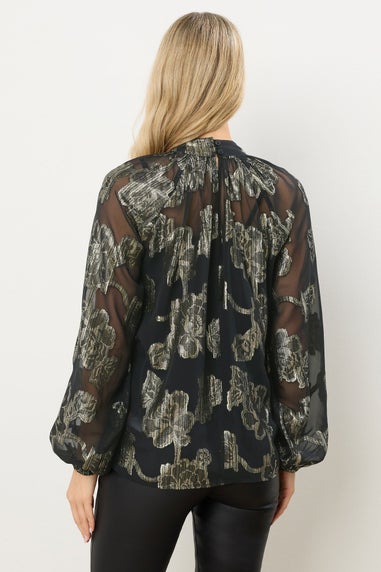 Long Tall Sally Black Floral Jacquard High Neck Blouse