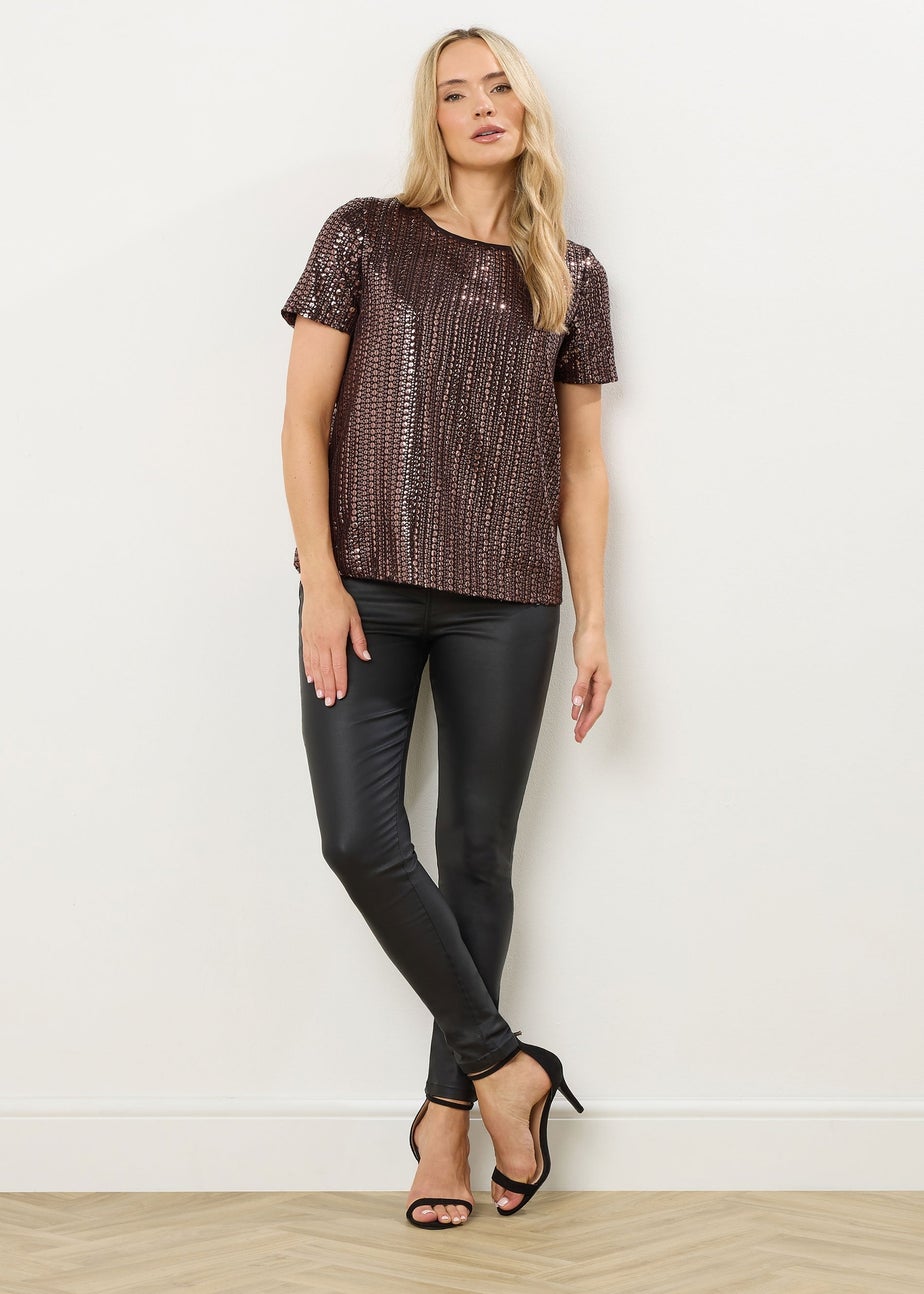 Long Tall Sally Brown Crew Neck Sequin Top