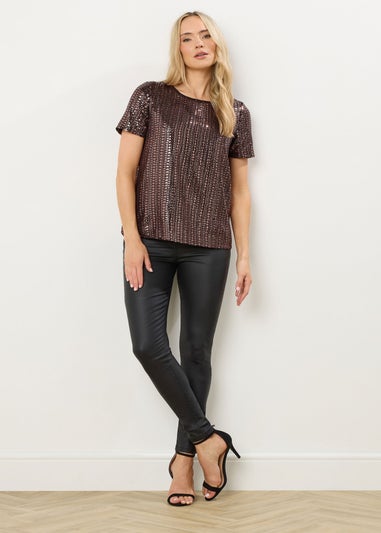Long Tall Sally Brown Crew Neck Sequin Top