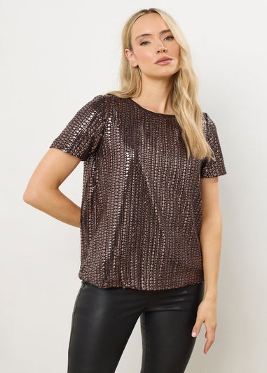 Long Tall Sally Brown Crew Neck Sequin Top