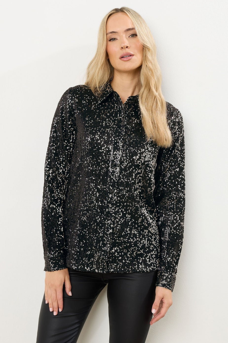Long Tall Sally Black & Silver Sequin Embellished Shirt