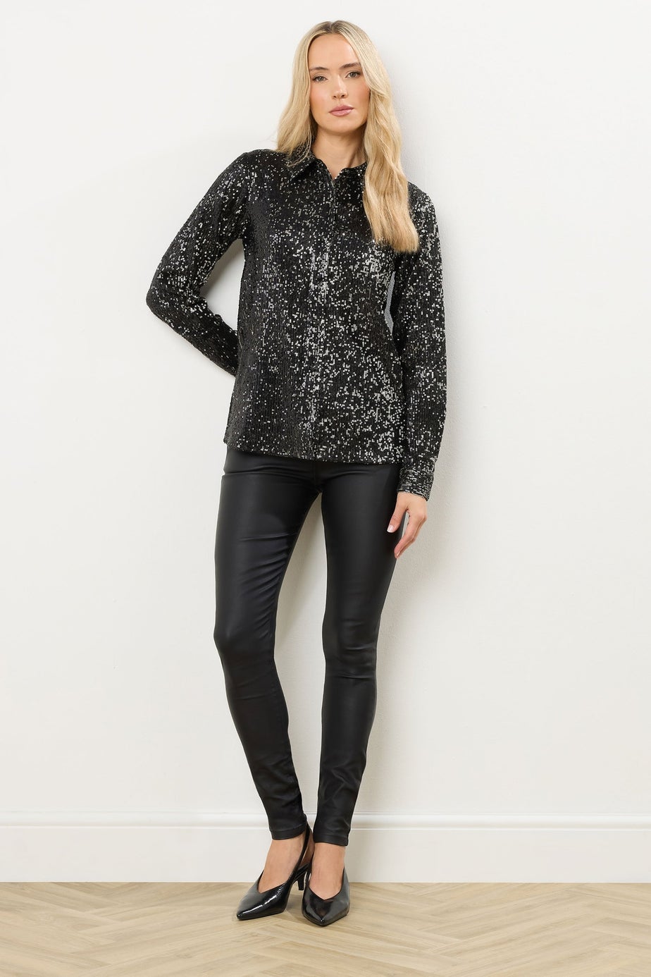 Long Tall Sally Black & Silver Sequin Embellished Shirt