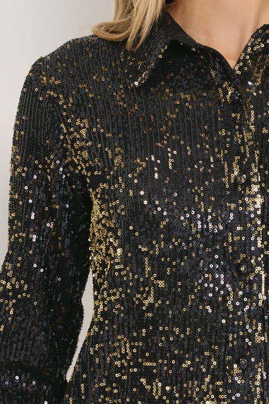 Long Tall Sally Black & Gold Sequin Embellished Shirt