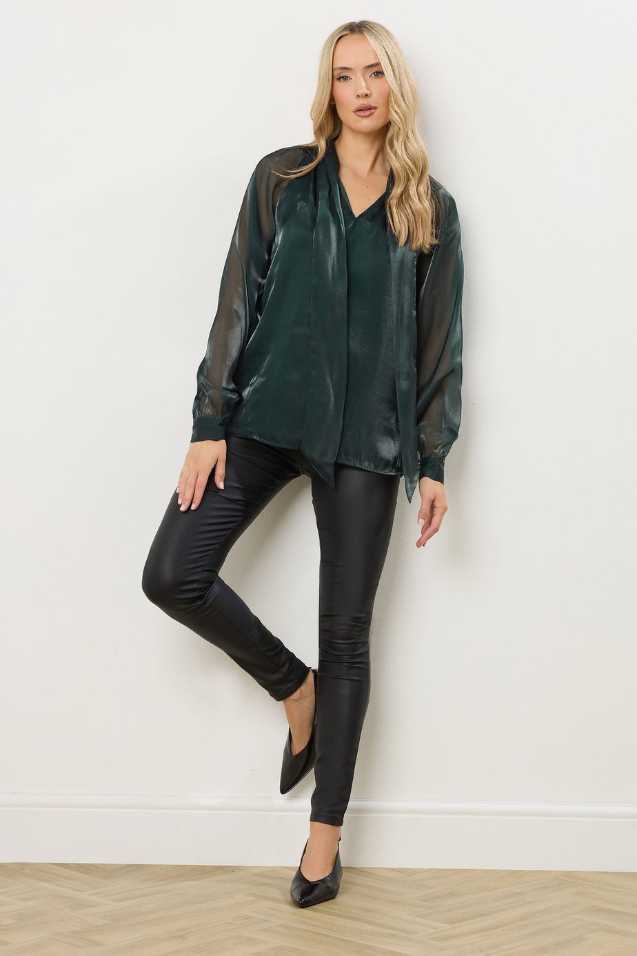 Long Tall Sally Dark Green Organza Tie Neck Blouse