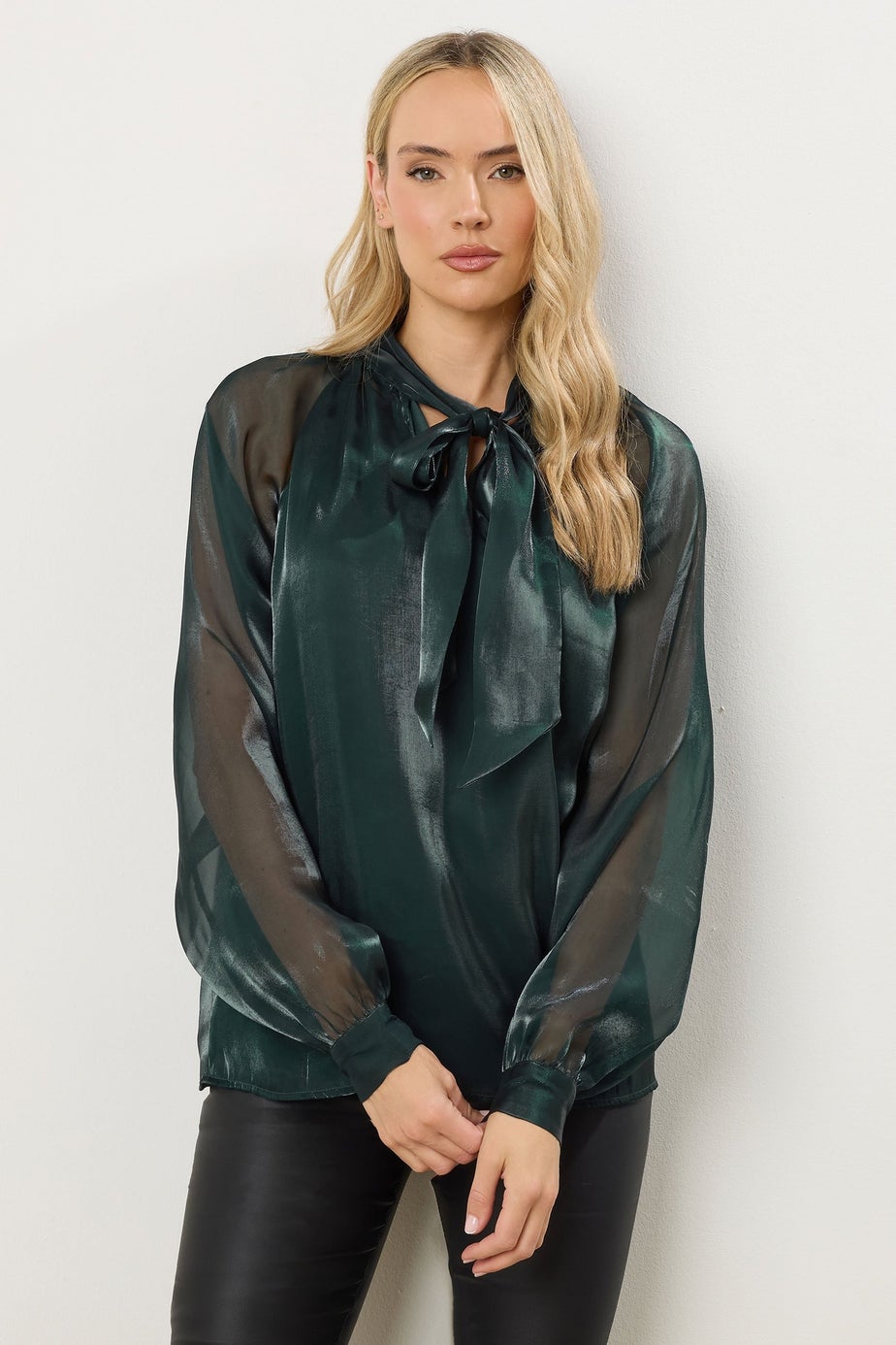 Long Tall Sally Dark Green Organza Tie Neck Blouse