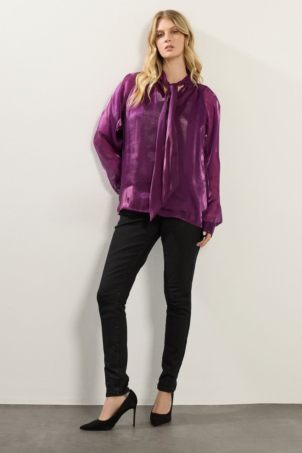 Long Tall Sally Purple Organza Tie Neck Blouse