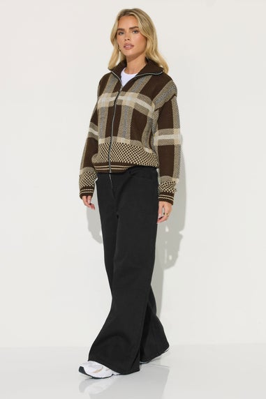 PixieGirl Petite Chocolate Brown Knitted Check Zip Cardigan
