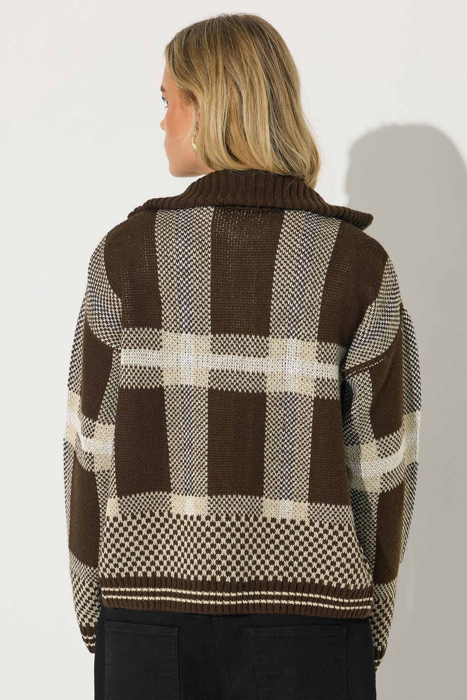 PixieGirl Petite Chocolate Brown Knitted Check Zip Cardigan