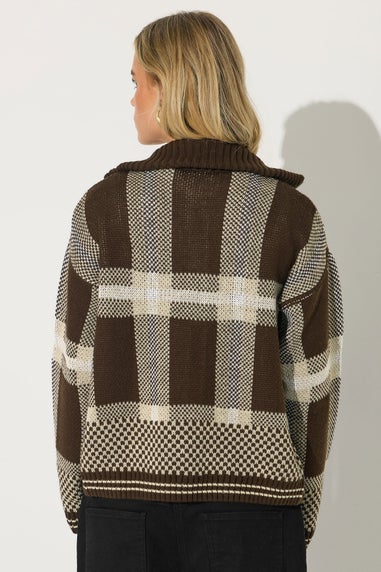 PixieGirl Petite Chocolate Brown Knitted Check Zip Cardigan