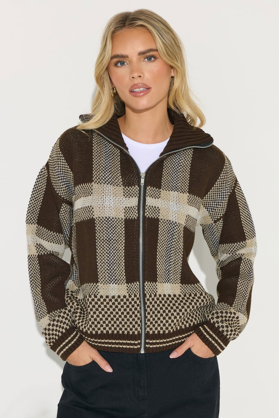 PixieGirl Petite Chocolate Brown Knitted Check Zip Cardigan