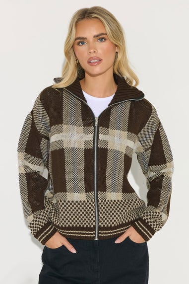 PixieGirl Petite Chocolate Brown Knitted Check Zip Cardigan