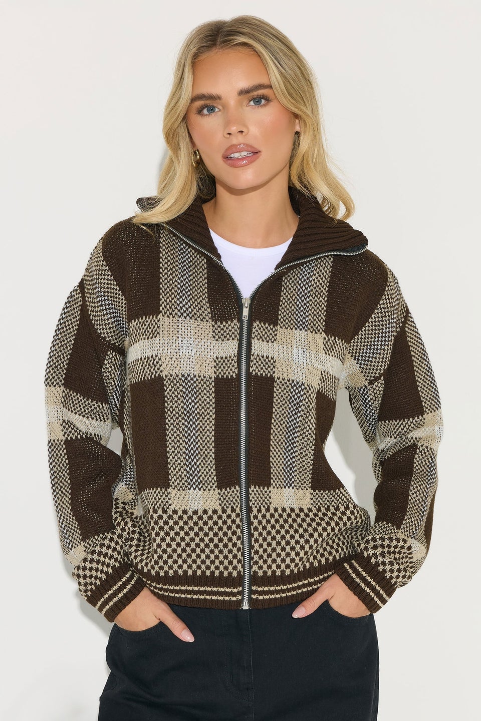 PixieGirl Petite Chocolate Brown Knitted Check Zip Cardigan