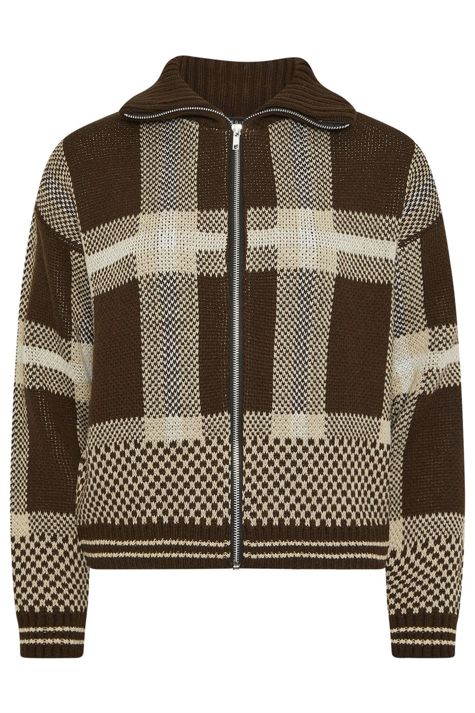 PixieGirl Petite Chocolate Brown Knitted Check Zip Cardigan