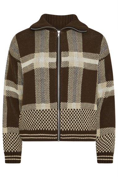 PixieGirl Petite Chocolate Brown Knitted Check Zip Cardigan