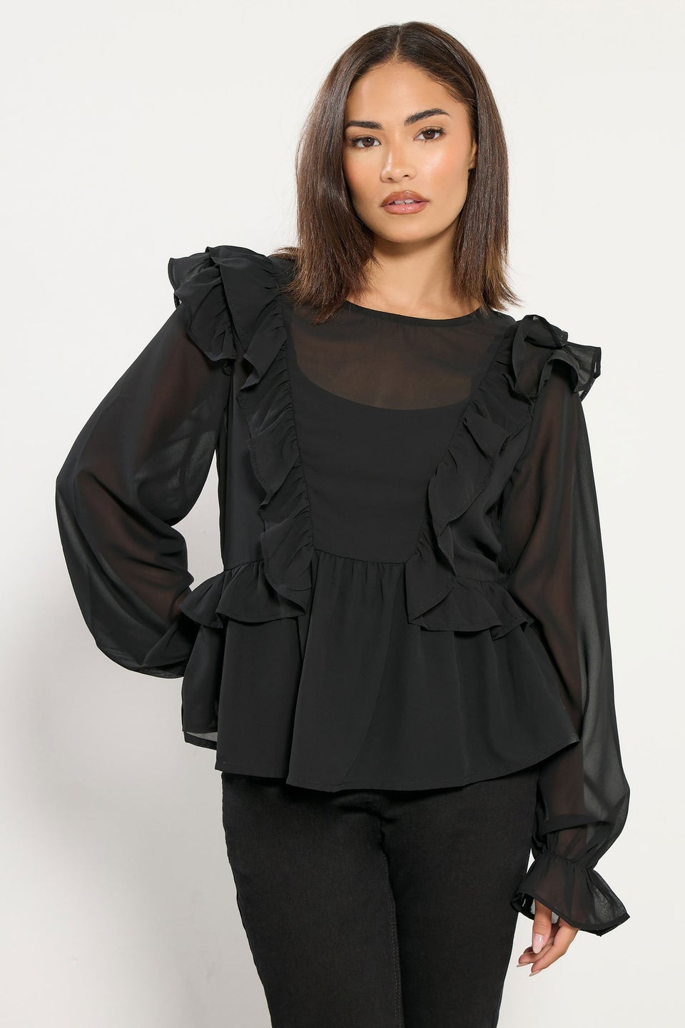 PixieGirl Petite Black Frill Shoulder Chiffon Blouse