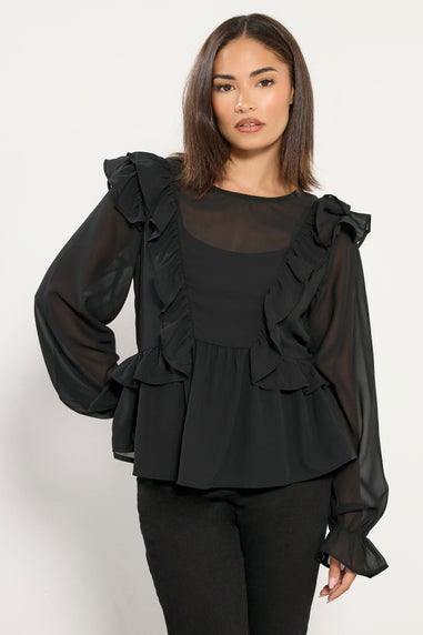 PixieGirl Petite Black Frill Shoulder Chiffon Blouse