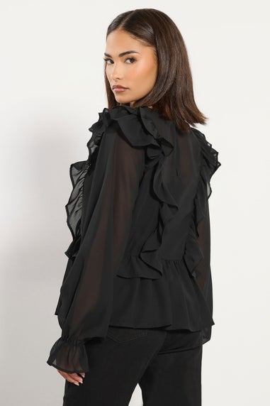 PixieGirl Petite Black Frill Shoulder Chiffon Blouse
