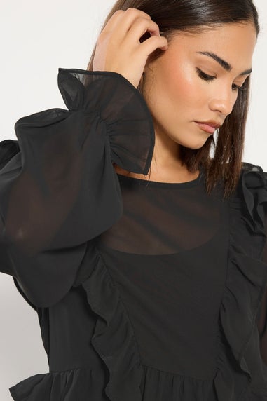 PixieGirl Petite Black Frill Shoulder Chiffon Blouse