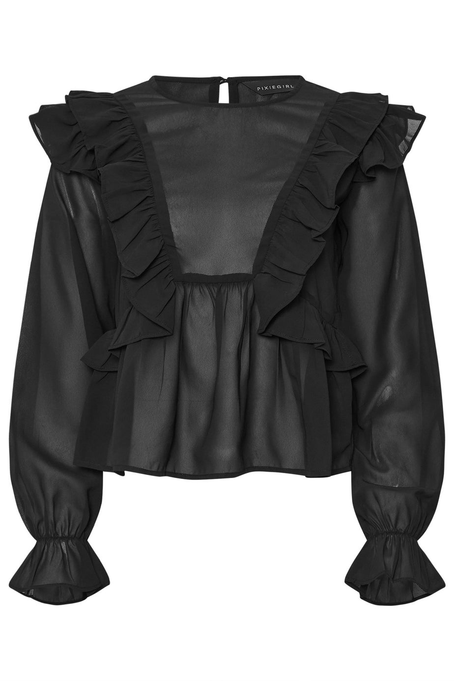 PixieGirl Petite Black Frill Shoulder Chiffon Blouse