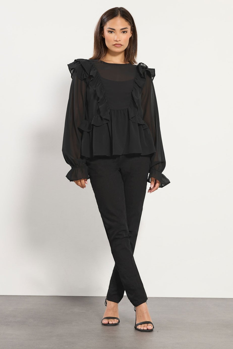 PixieGirl Petite Black Frill Shoulder Chiffon Blouse
