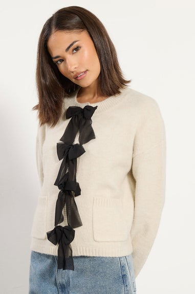 PixieGirl Petite Cream Knitted Bow Front Cardigan