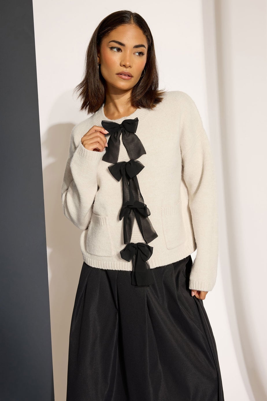 PixieGirl Petite Cream Knitted Bow Front Cardigan