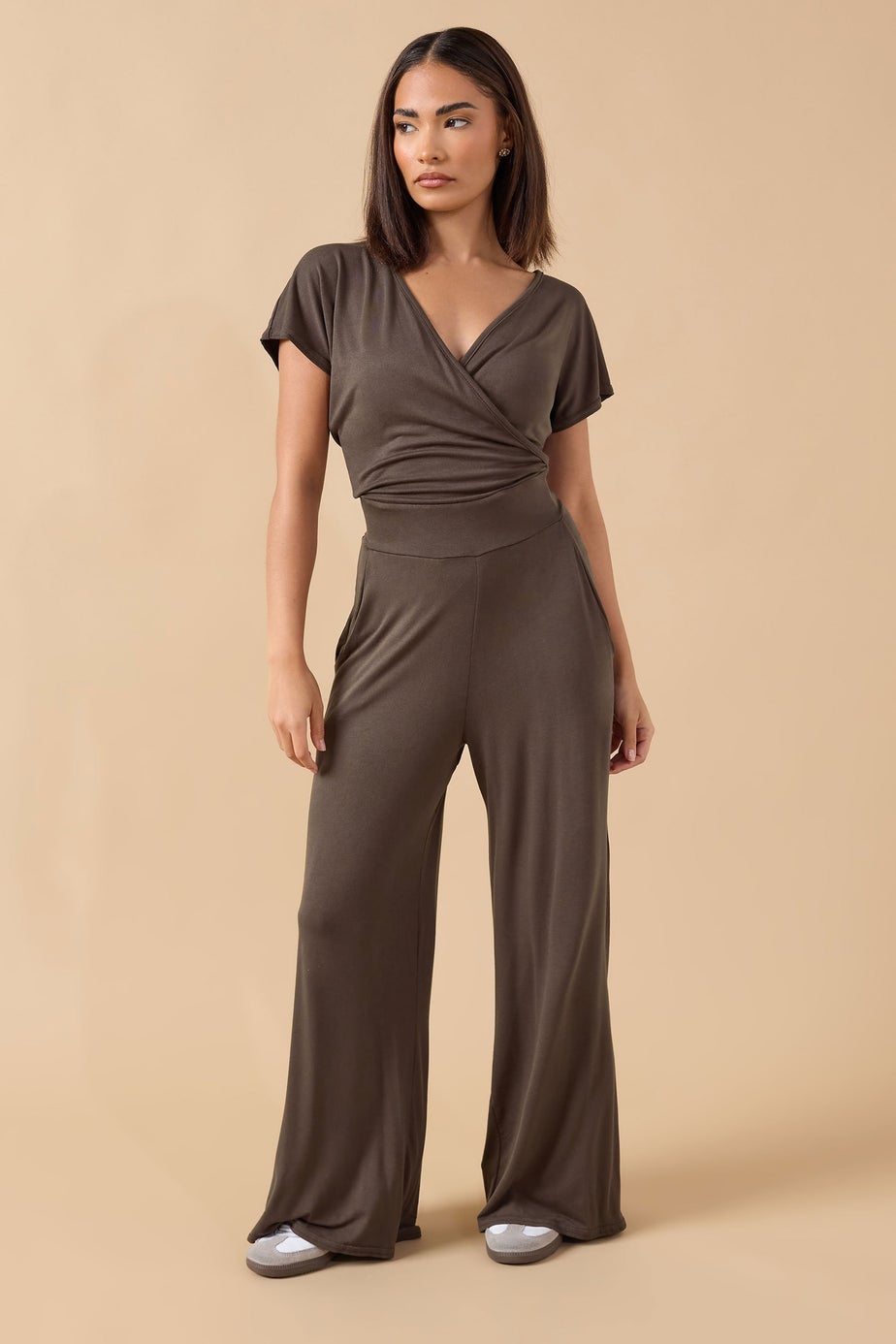 PixieGirl Petite Chocolate Brown Wrap Wide Leg Jumpsuit