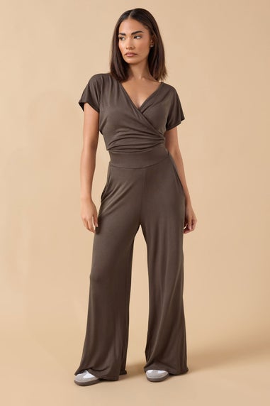 PixieGirl Petite Chocolate Brown Wrap Wide Leg Jumpsuit