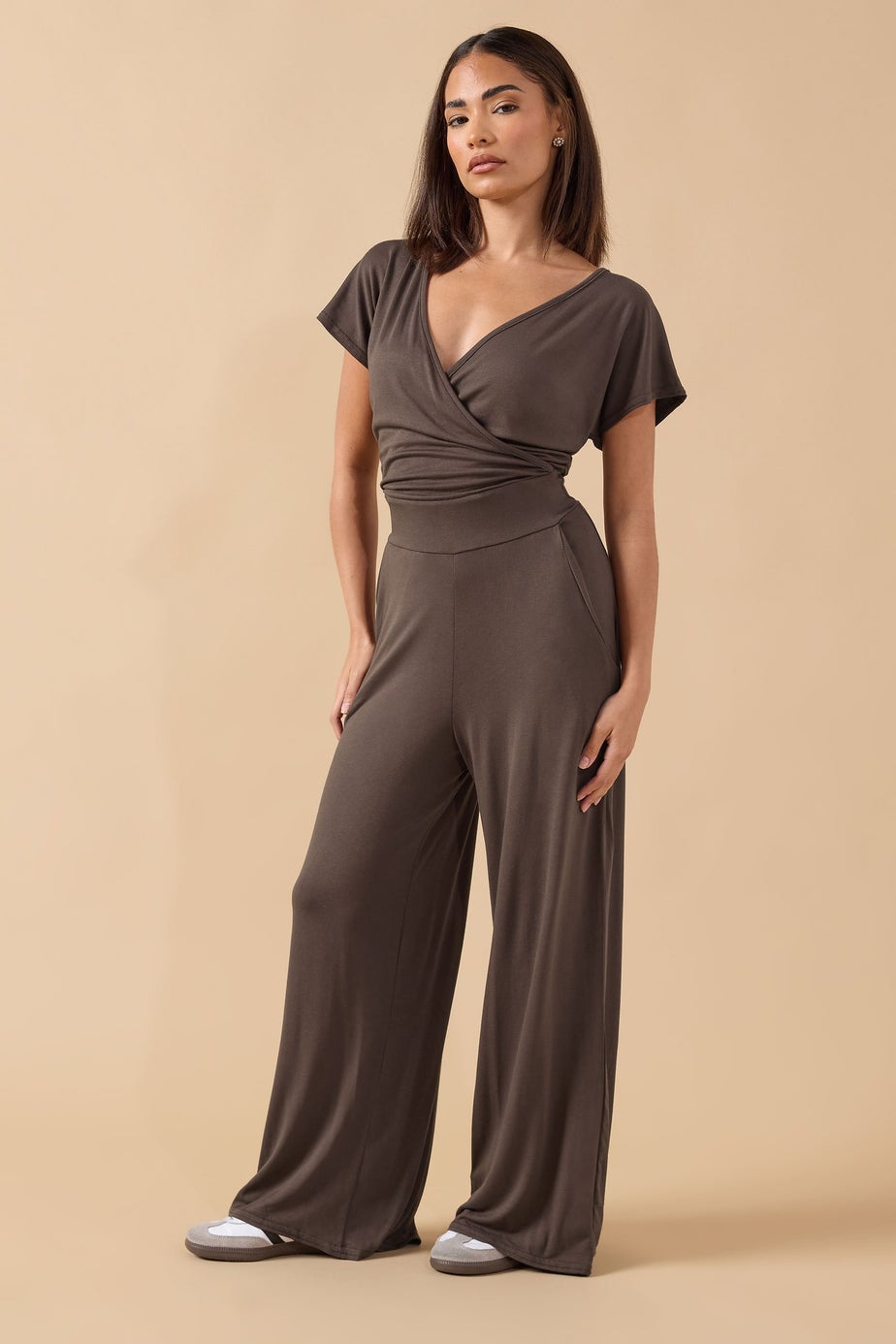 PixieGirl Petite Chocolate Brown Wrap Wide Leg Jumpsuit