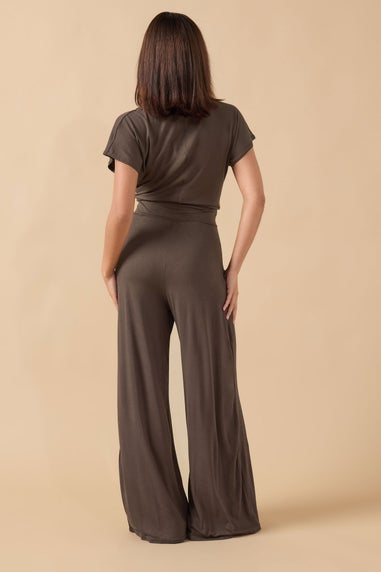 PixieGirl Petite Chocolate Brown Wrap Wide Leg Jumpsuit
