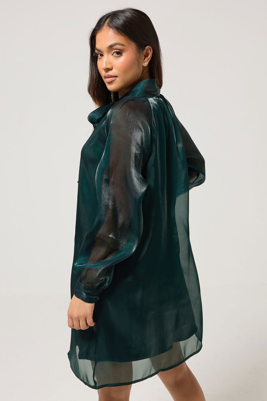 PixieGirl Petite Dark Green Organza Tie Neck Dress