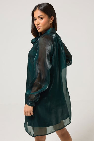 PixieGirl Petite Dark Green Organza Tie Neck Dress