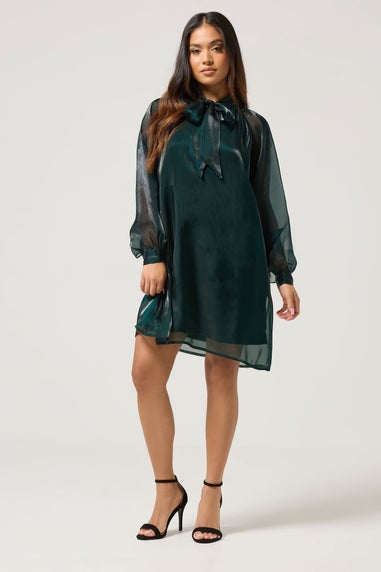 PixieGirl Petite Dark Green Organza Tie Neck Dress