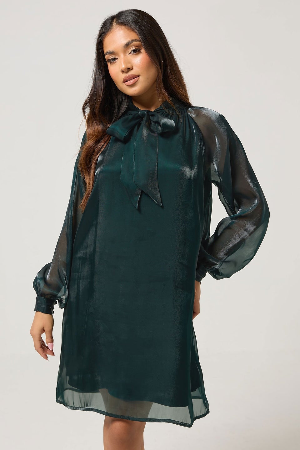 PixieGirl Petite Dark Green Organza Tie Neck Dress