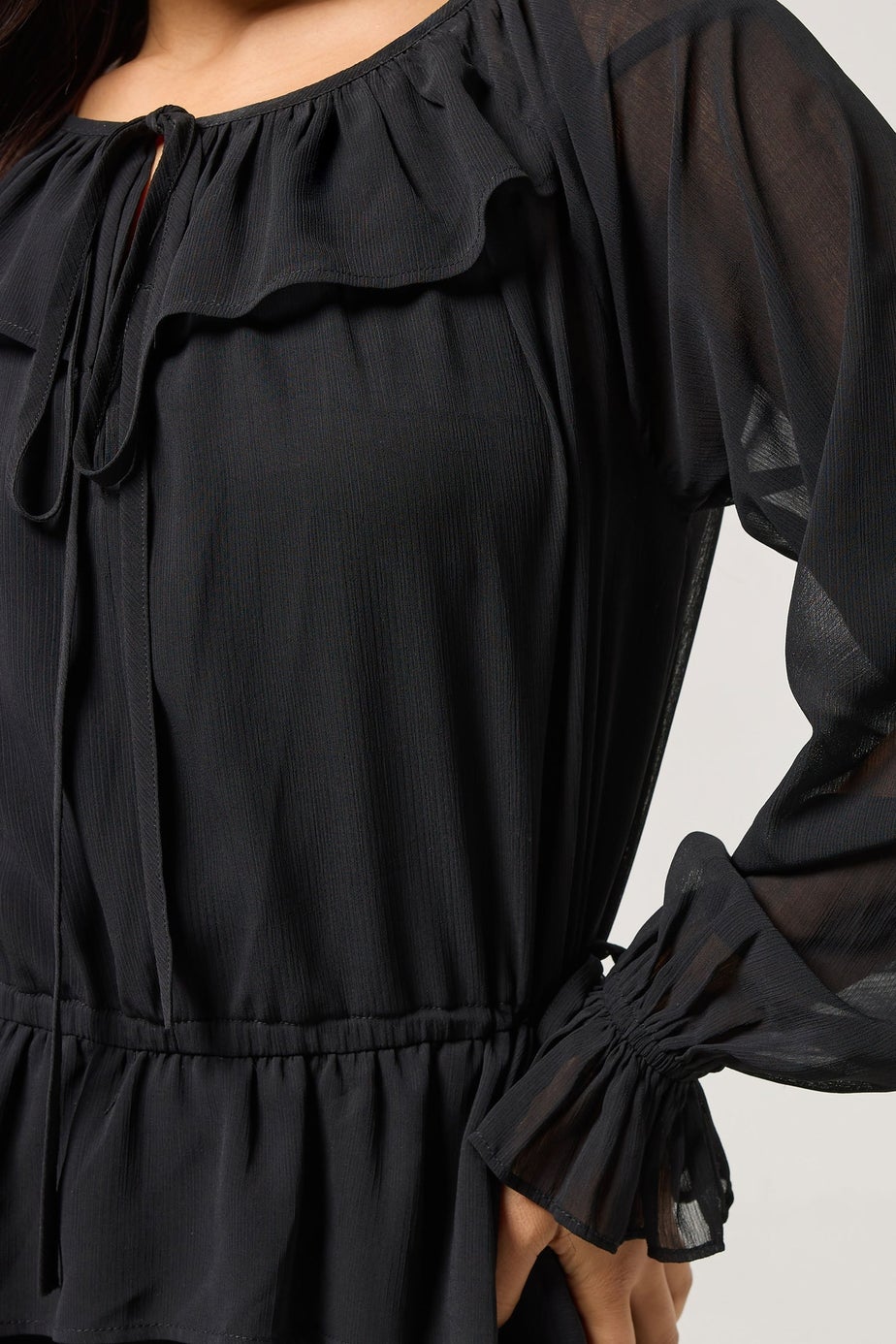 PixieGirl Petite Black Chiffon Frill Tie Waist Maxi Dress